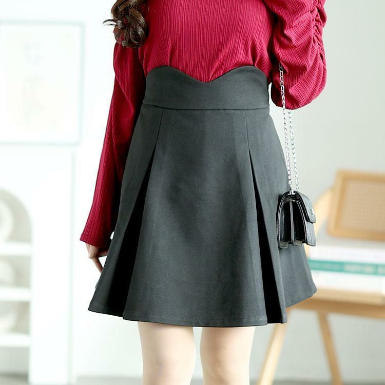 大きいサイズ レディース Vウエストパンツ裏地プリーツミニスカート　goldy-1595 ブラック