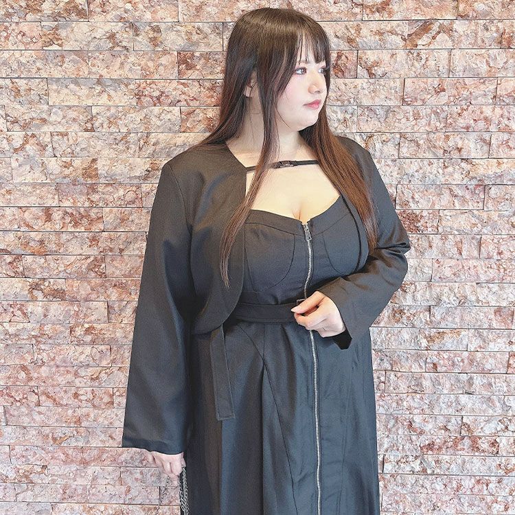 大きいサイズ レディース ノーカラーショート丈ジャケット＆ベルト付きキャミワンピ　goldy-1593