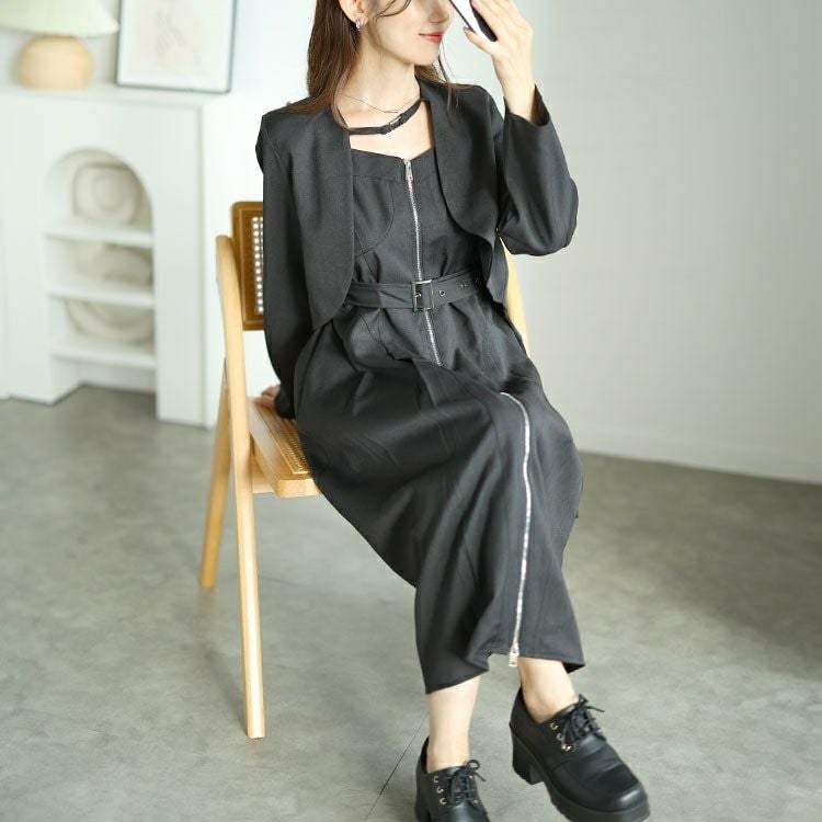 大きいサイズ レディース ノーカラーショート丈ジャケット＆ベルト付きキャミワンピ　goldy-1593