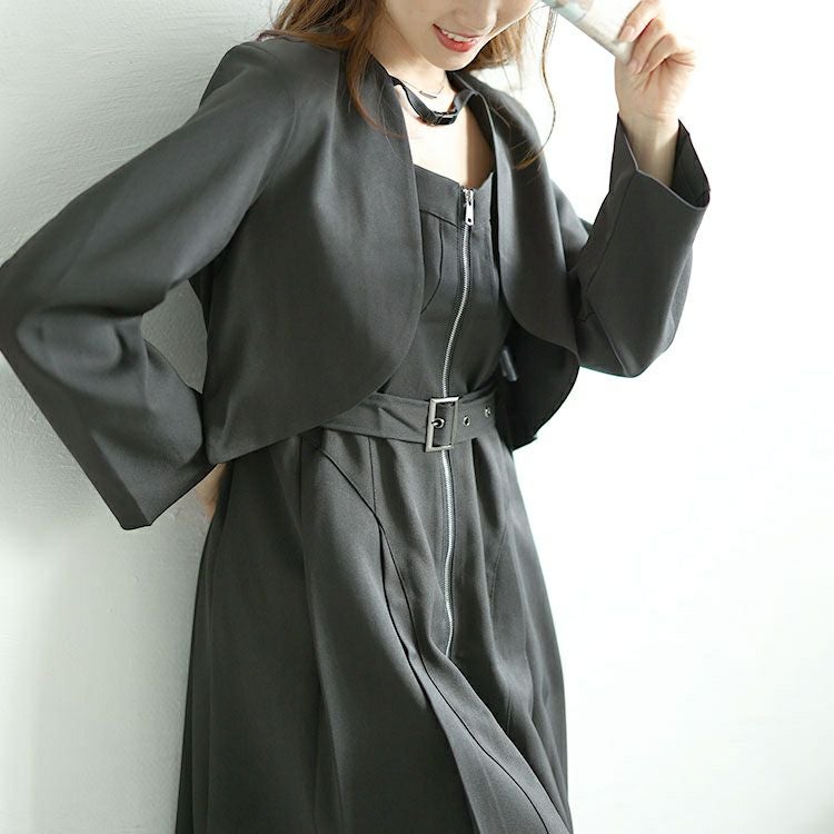 大きいサイズ レディース ノーカラーショート丈ジャケット＆ベルト付きキャミワンピ　goldy-1593