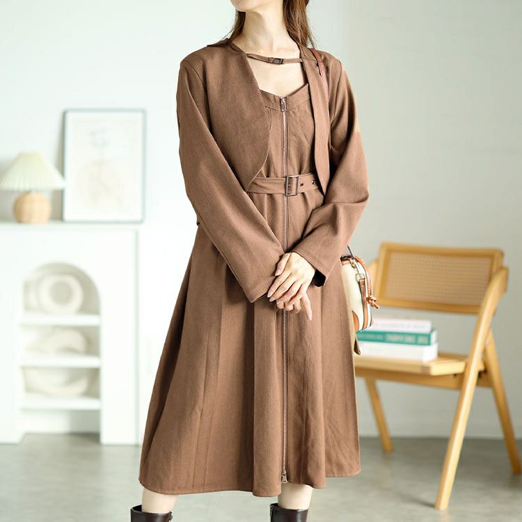 大きいサイズ レディース ノーカラーショート丈ジャケット＆ベルト付きキャミワンピ　goldy-1593