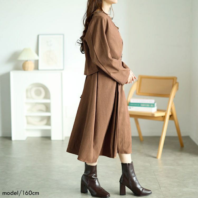 大きいサイズ レディース ノーカラーショート丈ジャケット＆ベルト付きキャミワンピ　goldy-1593