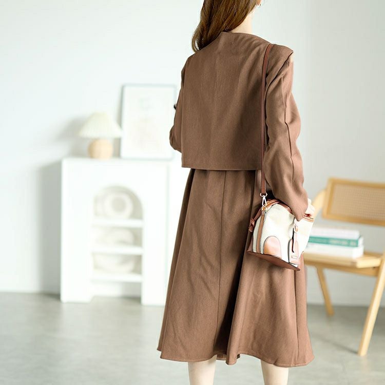 大きいサイズ レディース ノーカラーショート丈ジャケット＆ベルト付きキャミワンピ　goldy-1593