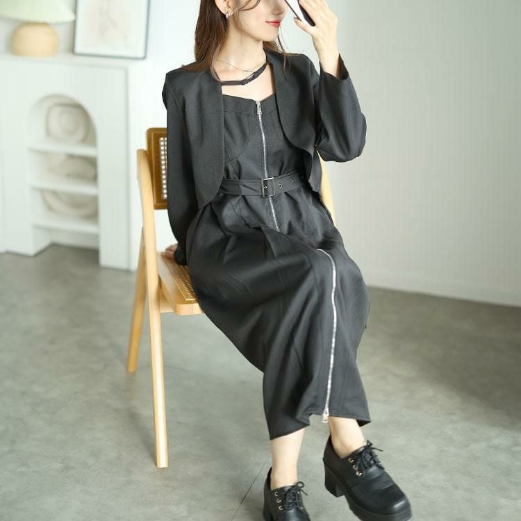 大きいサイズ レディース ノーカラーショート丈ジャケット＆ベルト付きキャミワンピ　goldy-1593 ブラック