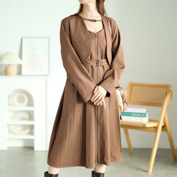 大きいサイズ レディース ノーカラーショート丈ジャケット＆ベルト付きキャミワンピ　goldy-1593 ブラウン