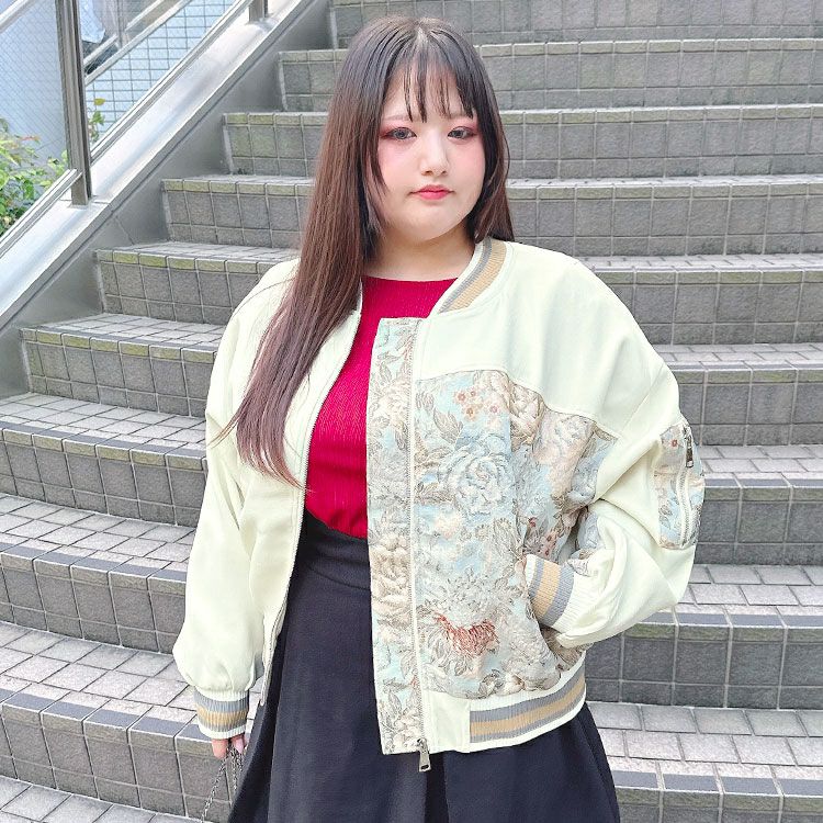 大きいサイズ レディース 花柄切替えブルゾン　goldy-1591