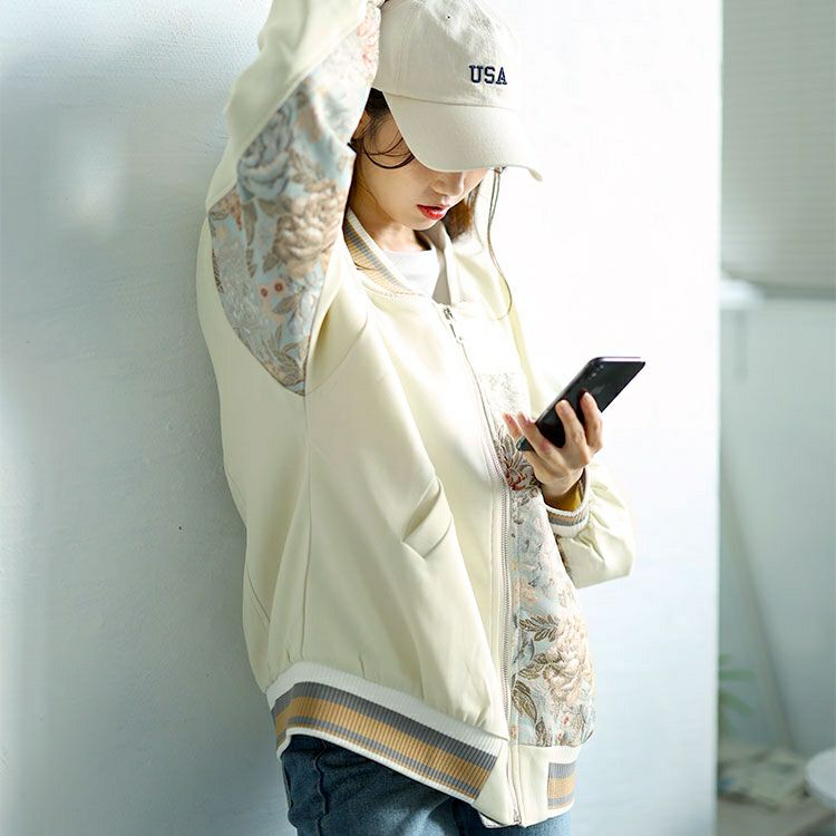 大きいサイズ レディース 花柄切替えブルゾン　goldy-1591