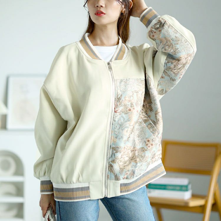 大きいサイズ レディース 花柄切替えブルゾン　goldy-1591