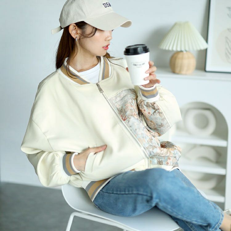 大きいサイズ レディース 花柄切替えブルゾン　goldy-1591