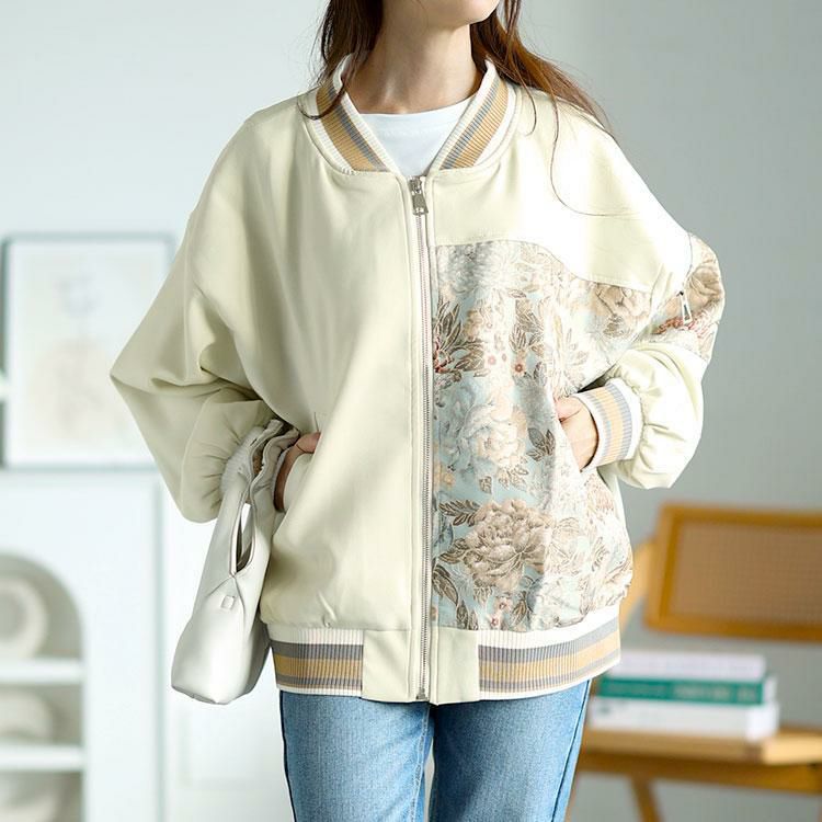 大きいサイズ レディース 花柄切替えブルゾン　goldy-1591 ベージュ