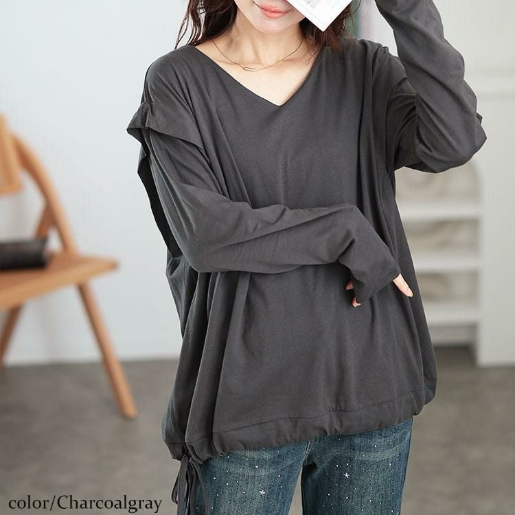大きいサイズ レディース 肩タック裾ドロストコットンカットソー　wk-0480 【メール便可】 チャコールグレー