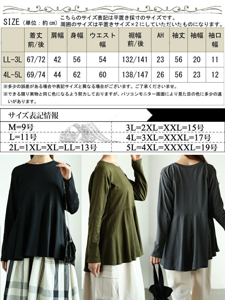 大きいサイズ レディース ラウンドネックペプラムコットンカットソー　wk-0479 【メール便可】