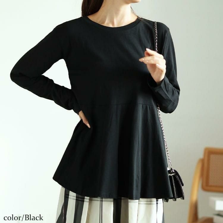 大きいサイズ レディース ラウンドネックペプラムコットンカットソー　wk-0479 【メール便可】 ブラック