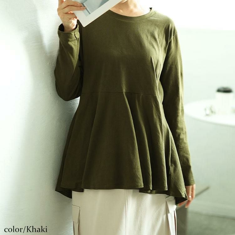 大きいサイズ レディース ラウンドネックペプラムコットンカットソー　wk-0479 【メール便可】 カーキ