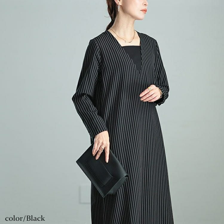 大きいサイズ レディース 重ね着風ピンストライプスリットワンピース　maru-30065