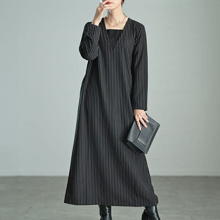 大きいサイズ レディース 重ね着風ピンストライプスリットワンピース　maru-30065