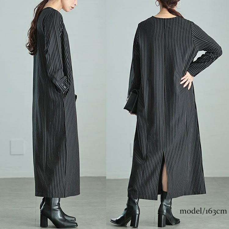 大きいサイズ レディース 重ね着風ピンストライプスリットワンピース　maru-30065