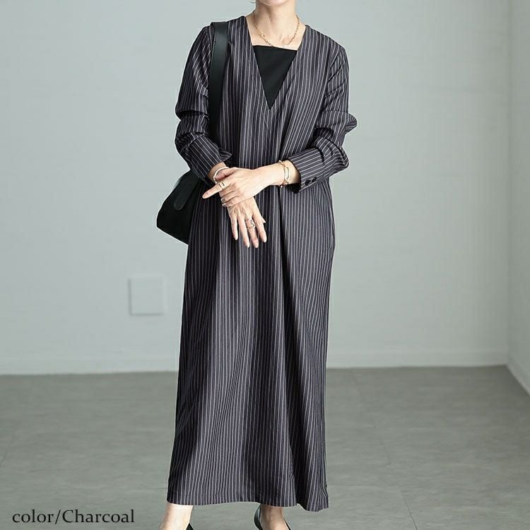 大きいサイズ レディース 重ね着風ピンストライプスリットワンピース　maru-30065
