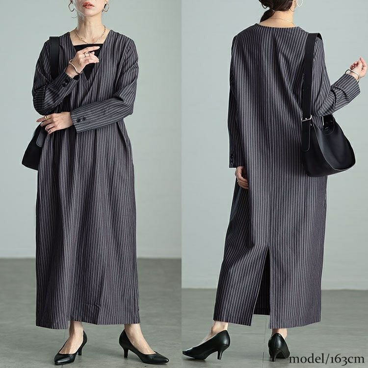 大きいサイズ レディース 重ね着風ピンストライプスリットワンピース　maru-30065
