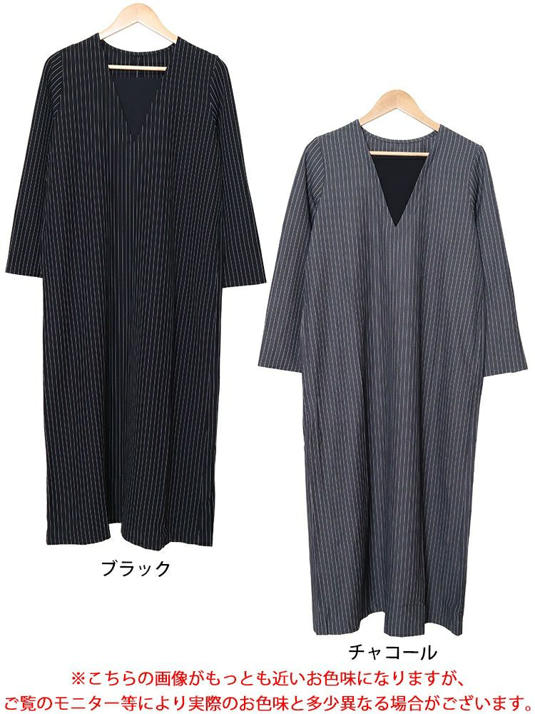 大きいサイズ レディース 重ね着風ピンストライプスリットワンピース　maru-30065
