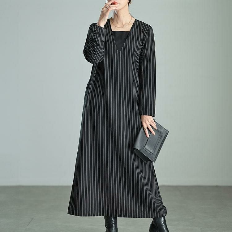 大きいサイズ レディース 重ね着風ピンストライプスリットワンピース　maru-30065 ブラック