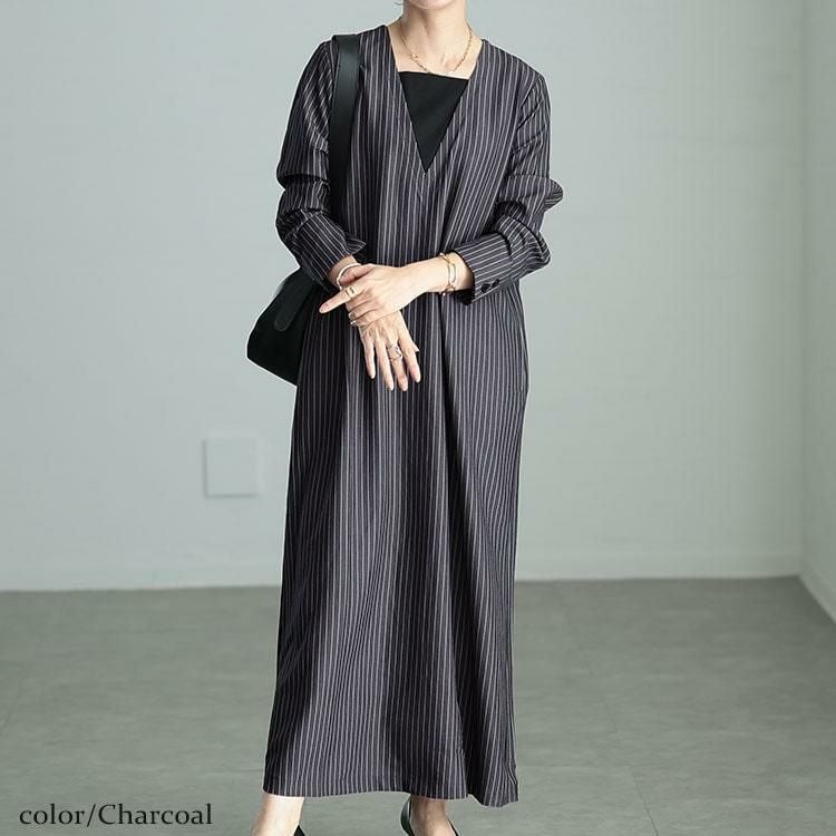 大きいサイズ レディース 重ね着風ピンストライプスリットワンピース　maru-30065 チャコール