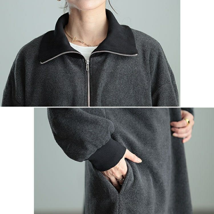 大きいサイズ レディース リブハイネックフリースZIPハーフコート　maru-30069