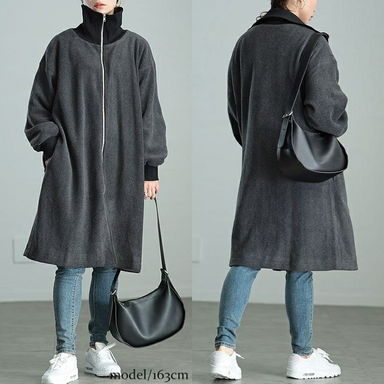 大きいサイズ レディース リブハイネックフリースZIPハーフコート　maru-30069