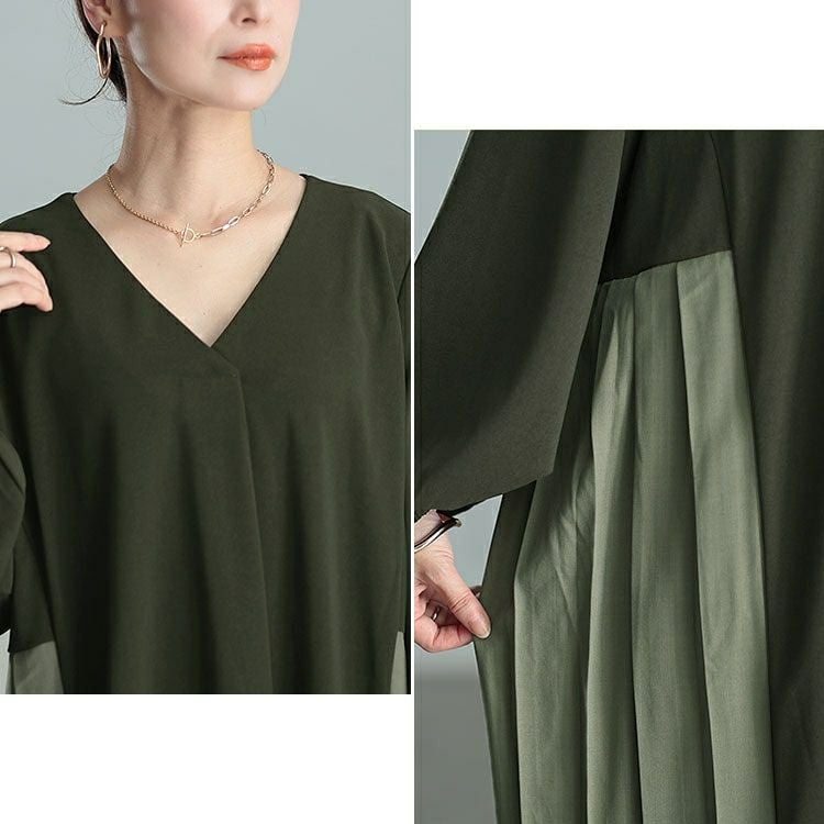 大きいサイズ レディース サイドプリーツ切り替えVネックワンピース　maru-30063