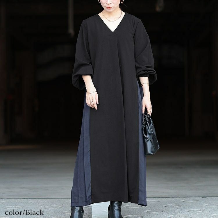 大きいサイズ レディース サイドプリーツ切り替えVネックワンピース　maru-30063