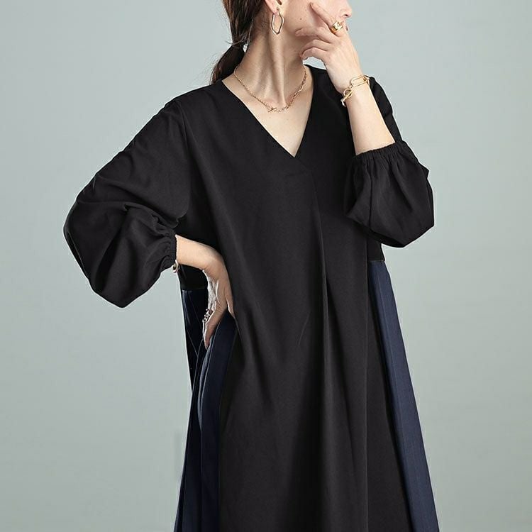 大きいサイズ レディース サイドプリーツ切り替えVネックワンピース　maru-30063