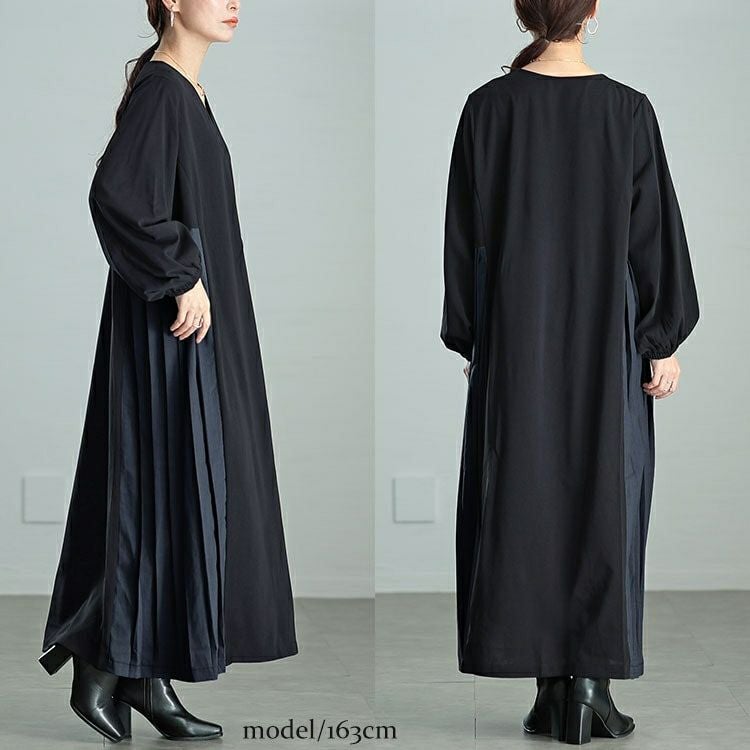 大きいサイズ レディース サイドプリーツ切り替えVネックワンピース　maru-30063