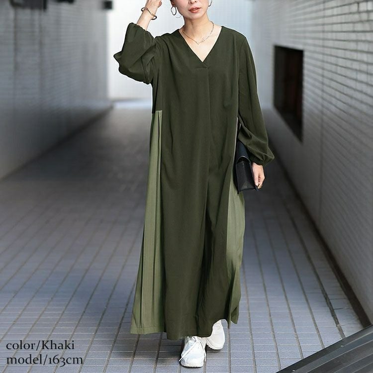 大きいサイズ レディース サイドプリーツ切り替えVネックワンピース　maru-30063