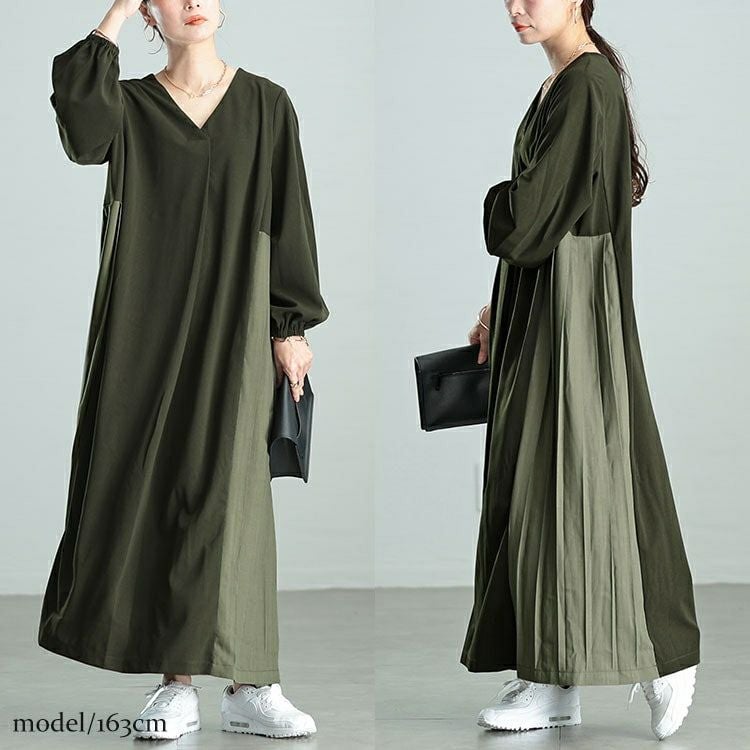 大きいサイズ レディース サイドプリーツ切り替えVネックワンピース　maru-30063