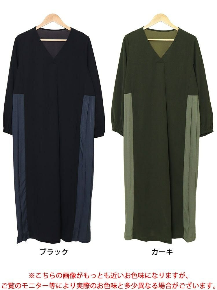 大きいサイズ レディース サイドプリーツ切り替えVネックワンピース　maru-30063