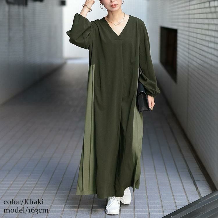 大きいサイズ レディース サイドプリーツ切り替えVネックワンピース　maru-30063 カーキ