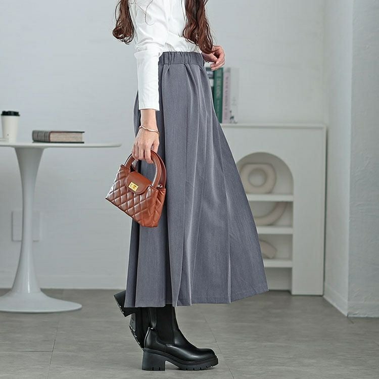 美品　VALENTINO プリーツスカート グレー/ブラック　38サイズ 大きいサイズ レディース ウエストタックワイドプリーツスカート maru