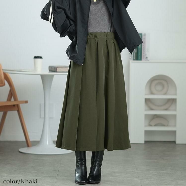 大きいサイズ レディース ウエストタックワイドプリーツスカート　maru-30067 カーキ
