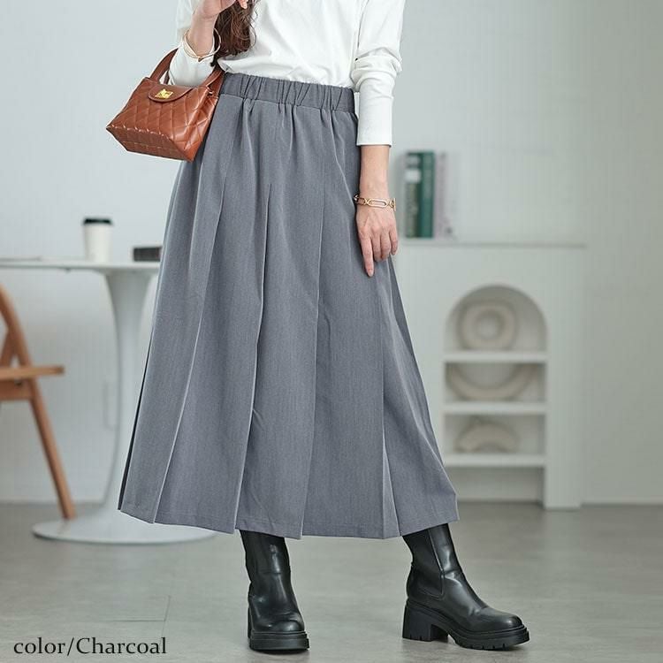 大きいサイズ レディース ウエストタックワイドプリーツスカート　maru-30067 杢チャコール