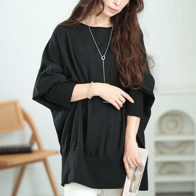 大きいサイズ レディース ボートネックドルマンプルオーバー　sw-0673 ブラック