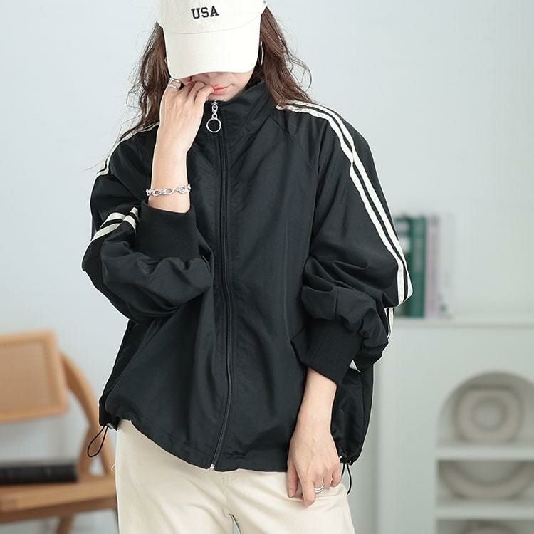 大きいサイズ レディース 裾ドロストサイドラインナイロンブルゾン　tog-1015 ブラック