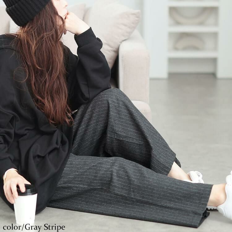 大きいサイズ レディース 起毛ワイドパンツ　maru-30074 グレーストライプ