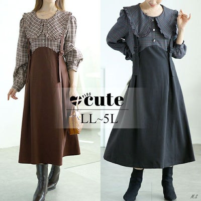 大きいサイズ レディース チェック柄ブラウスドッキングワンピース　goldy-1590