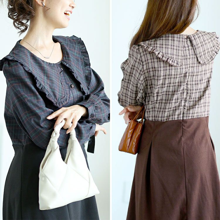 大きいサイズ レディース チェック柄ブラウスドッキングワンピース　goldy-1590