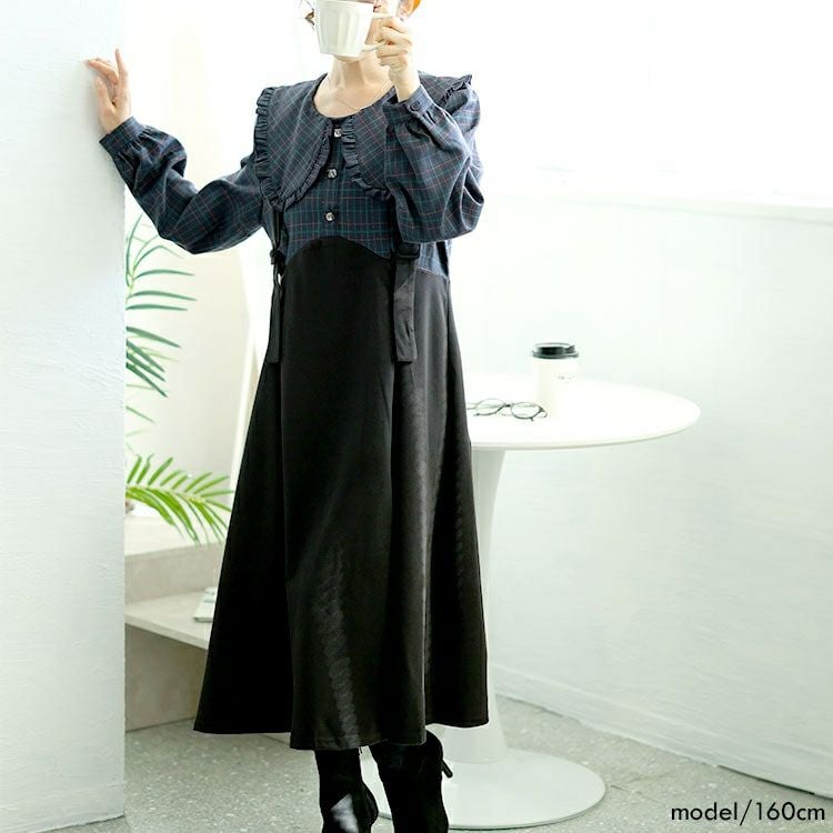 大きいサイズ レディース チェック柄ブラウスドッキングワンピース　goldy-1590