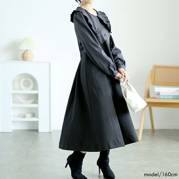 大きいサイズ レディース チェック柄ブラウスドッキングワンピース　goldy-1590