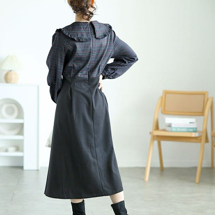 大きいサイズ レディース チェック柄ブラウスドッキングワンピース　goldy-1590