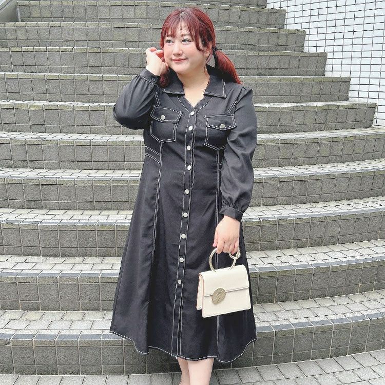 大きいサイズ レディース バイカラーロングシャツワンピース　goldy-1588