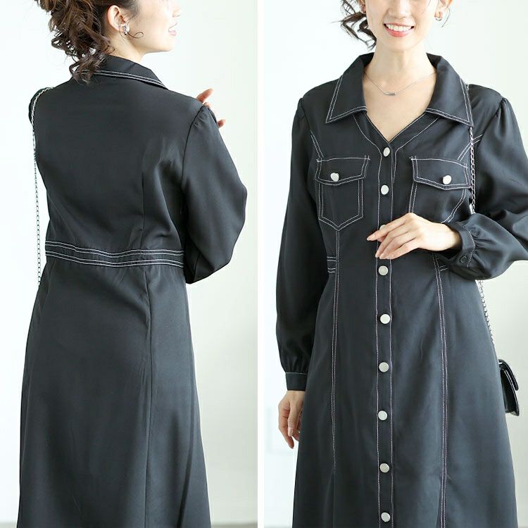 大きいサイズ レディース バイカラーロングシャツワンピース　goldy-1588