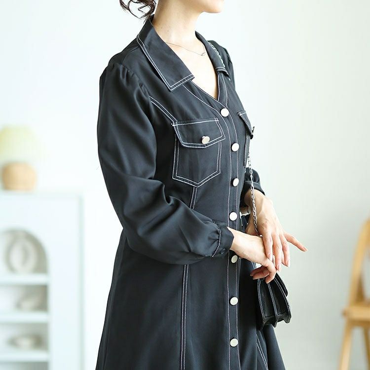 大きいサイズ レディース バイカラーロングシャツワンピース　goldy-1588